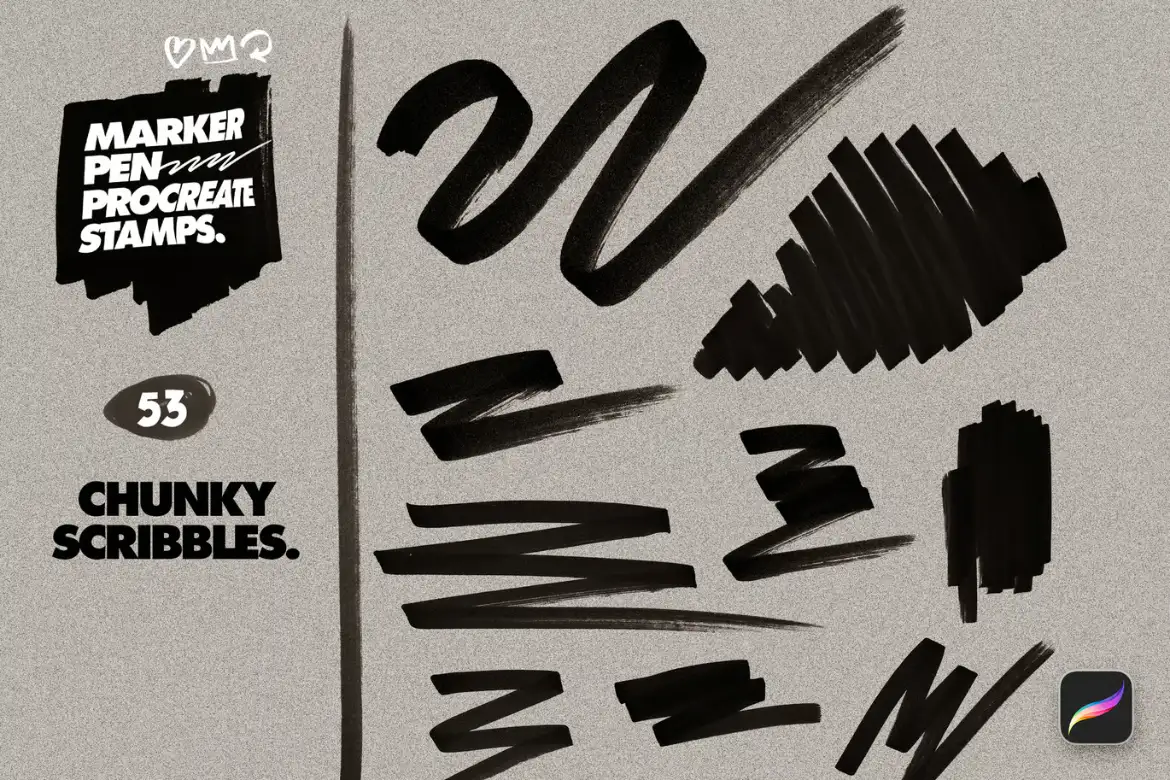 100款马克笔效果Procreate印章笔刷手绘涂鸦数字箭头形状设计素材