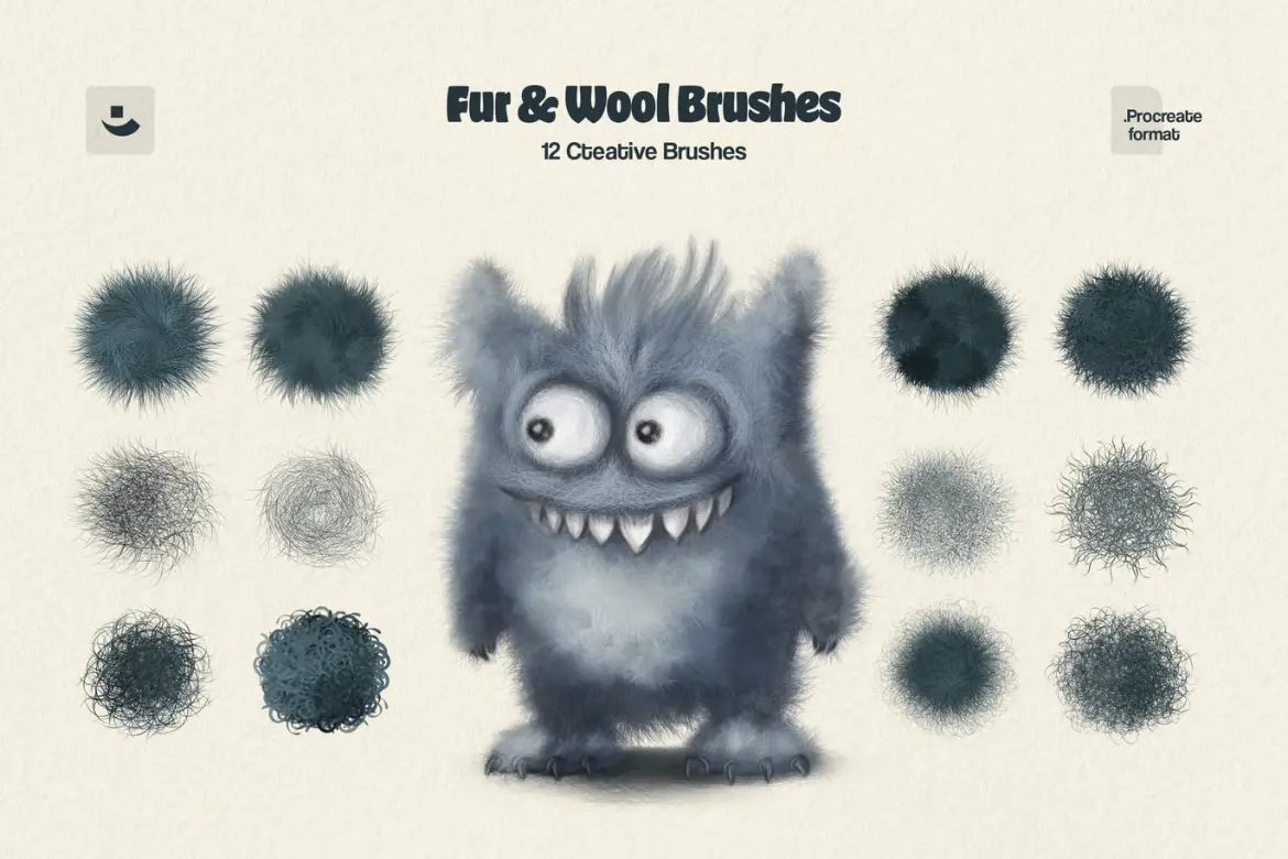 12款绒毛质感Procreate笔刷套装手绘动物毛发儿童插画绘本设计素材