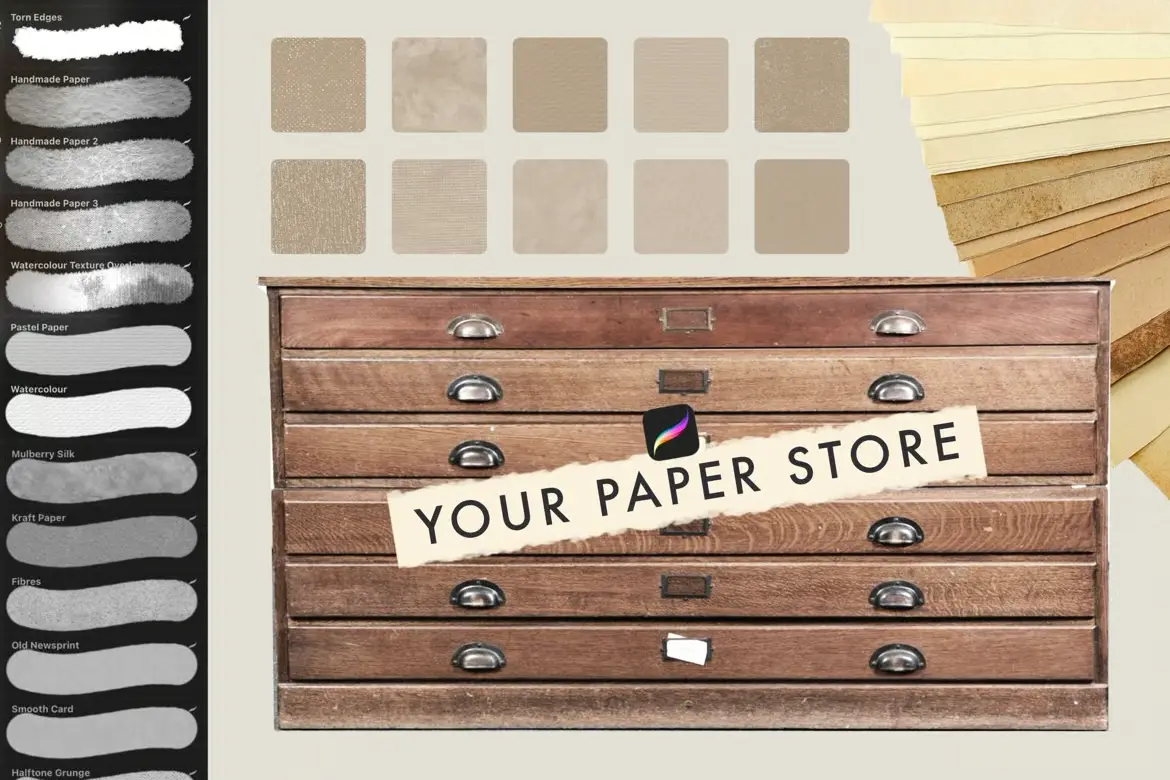27款纸张纹理Procreate笔刷套装逼真手作质感插画字体设计素材