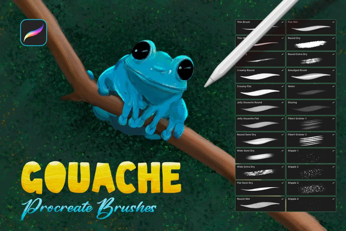 24款水粉质感Procreate笔刷套装仿真厚涂肌理手绘插画绘画素材