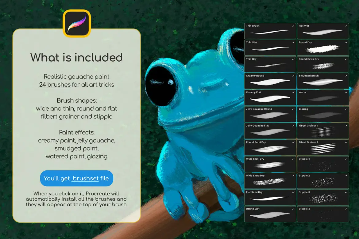 24款水粉质感Procreate笔刷套装仿真厚涂肌理手绘插画绘画素材