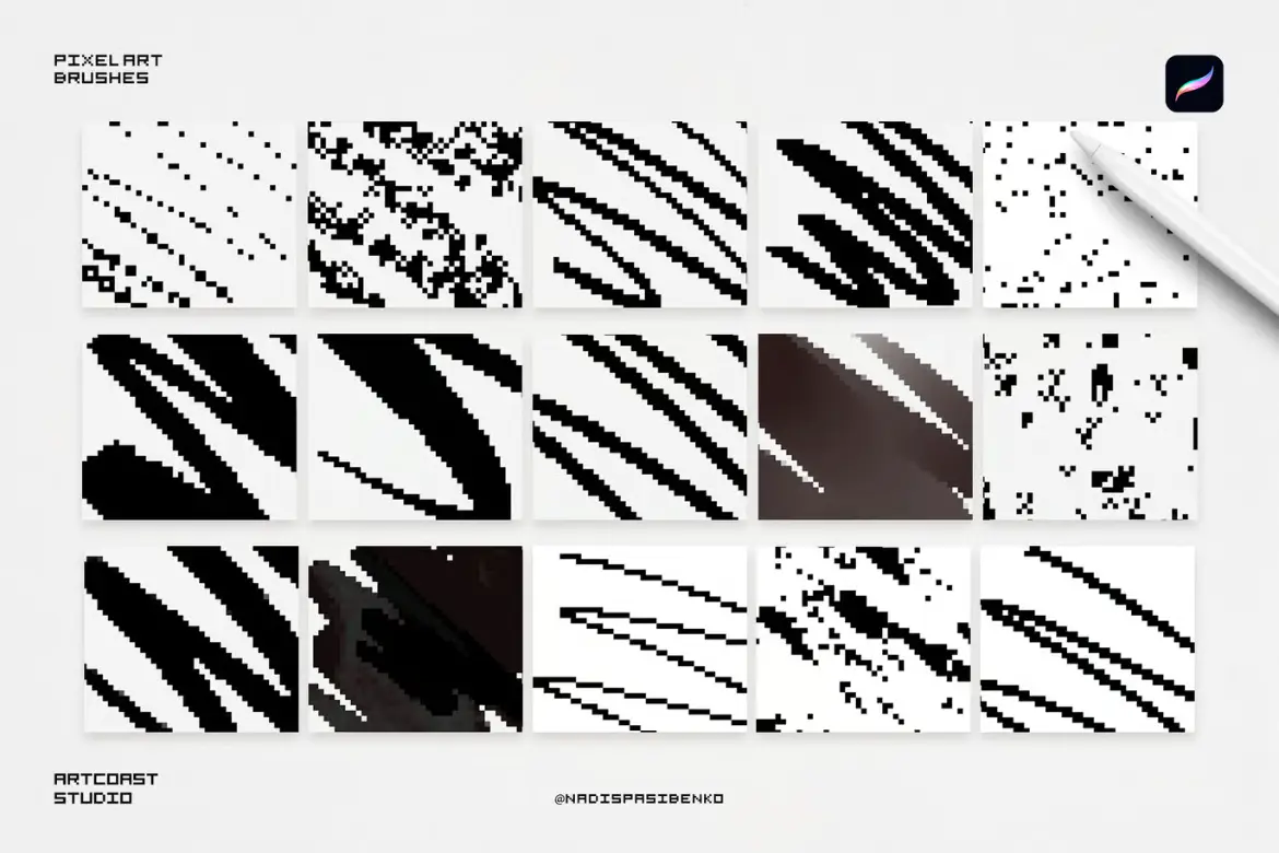 15款像素画Procreate笔刷套装复古游戏点阵贴纸插画设计素材