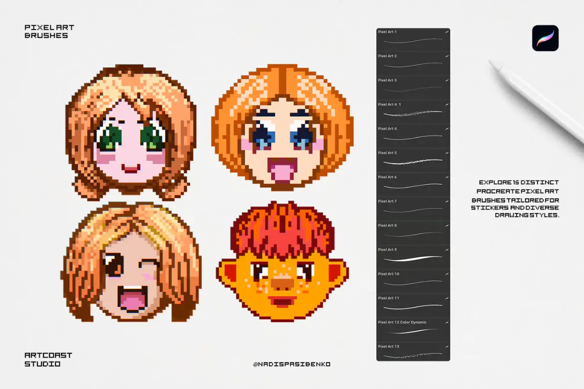 15款像素画Procreate笔刷套装复古游戏点阵贴纸插画设计素材