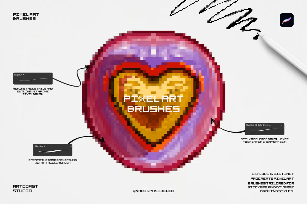 15款像素画Procreate笔刷套装复古游戏点阵贴纸插画设计素材