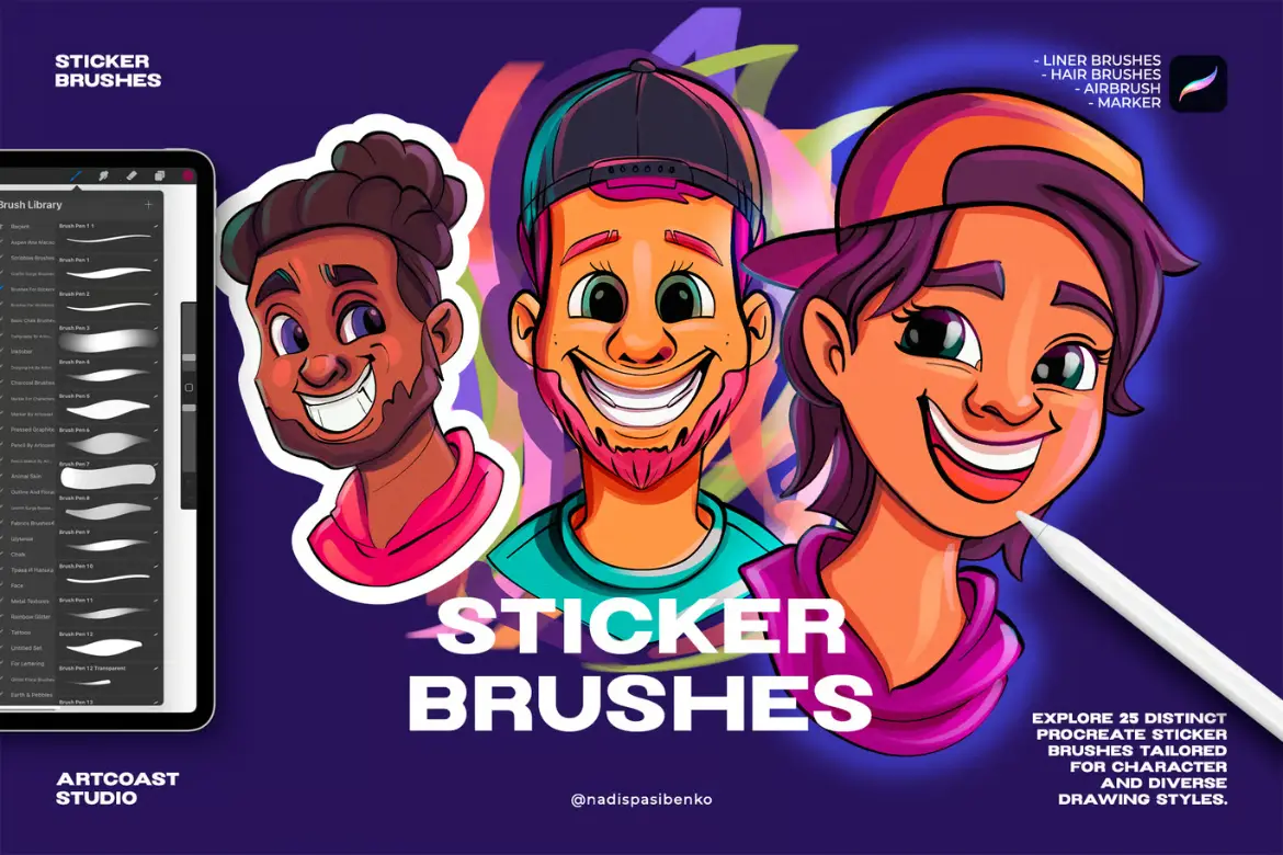 25款贴纸设计Procreate笔刷套装透明线稿毛发渐变手绘插画素材