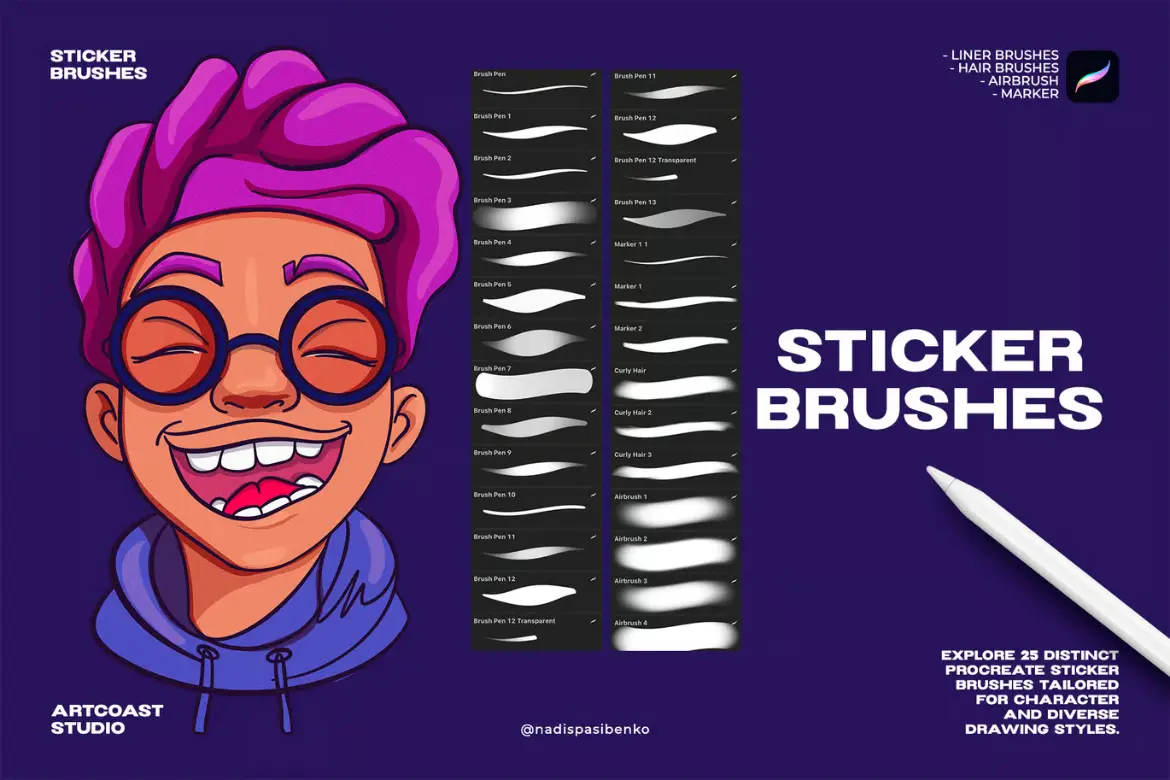 25款贴纸设计Procreate笔刷套装透明线稿毛发渐变手绘插画素材