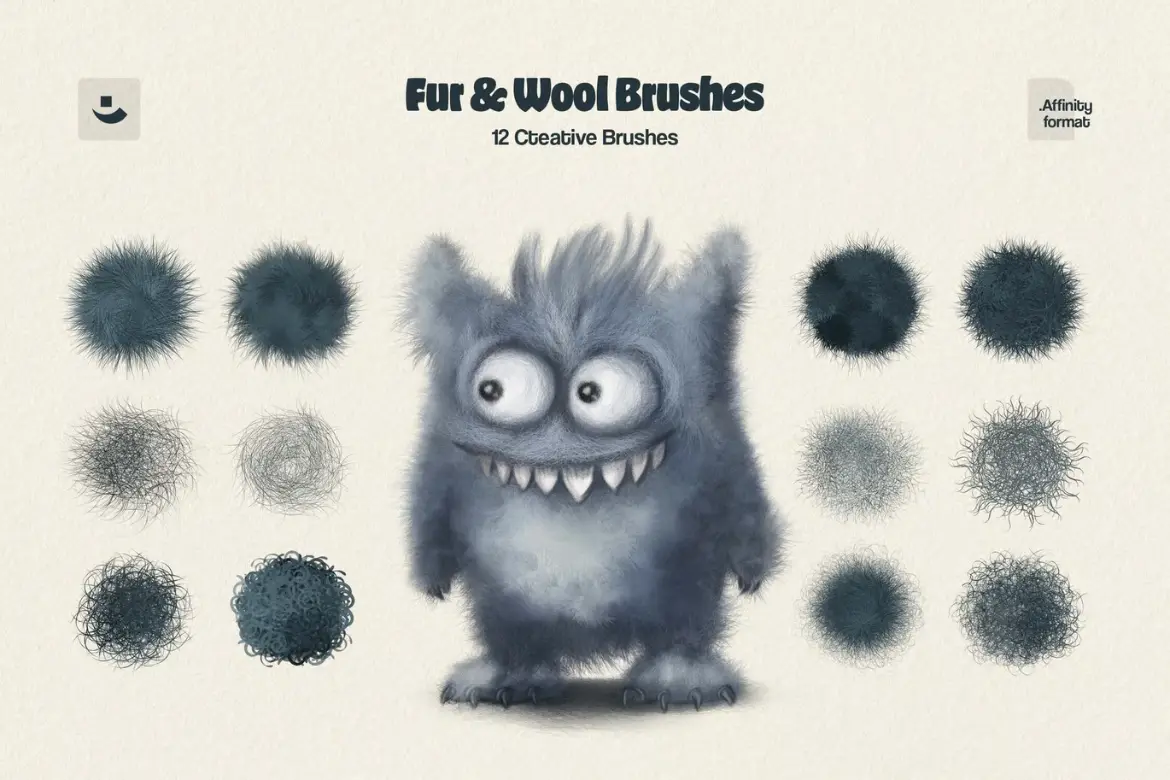 12款绒毛质感Affinity笔刷套装手绘动物毛发儿童插画绘本设计素材