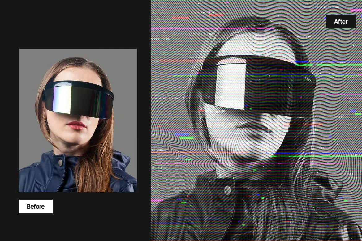 单色赛博扭曲PSD照片特效故障干扰线科技感人像海报设计模板