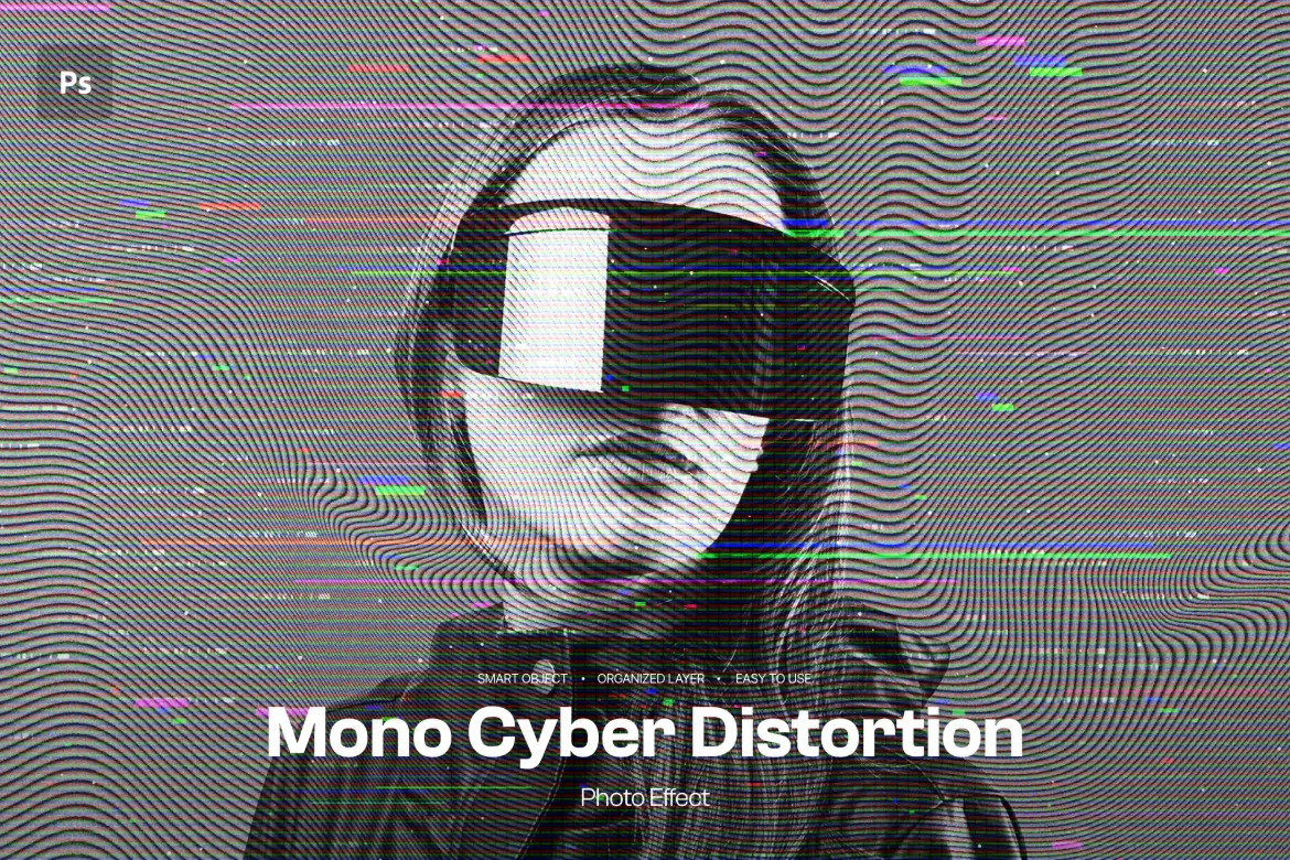 单色赛博扭曲PSD照片特效故障干扰线科技感人像海报设计模板