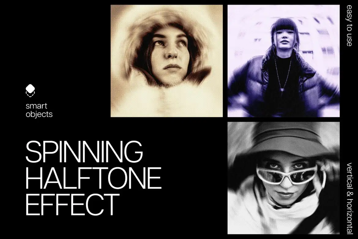 旋转网点PSD照片特效模板可换色复古波普风格海报设计素材