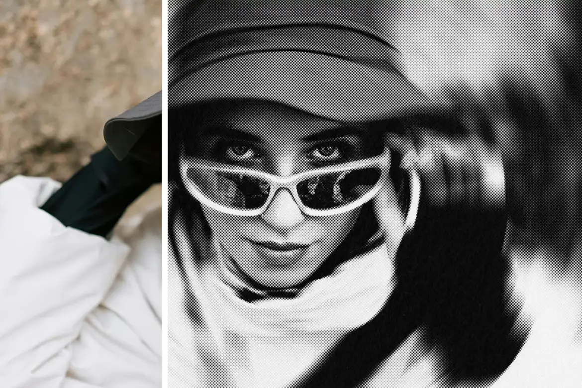 旋转网点PSD照片特效模板可换色复古波普风格海报设计素材