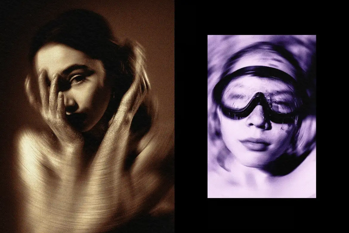 旋转网点PSD照片特效模板可换色复古波普风格海报设计素材