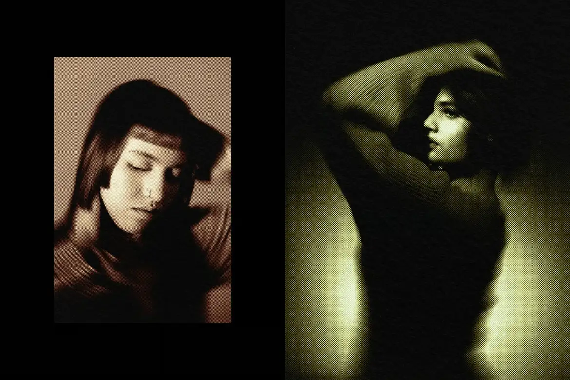 旋转网点PSD照片特效模板可换色复古波普风格海报设计素材