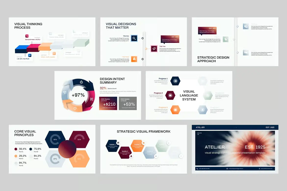 视觉化战略总结PPT模板现代数据图表KPI绩效分析商业计划演示