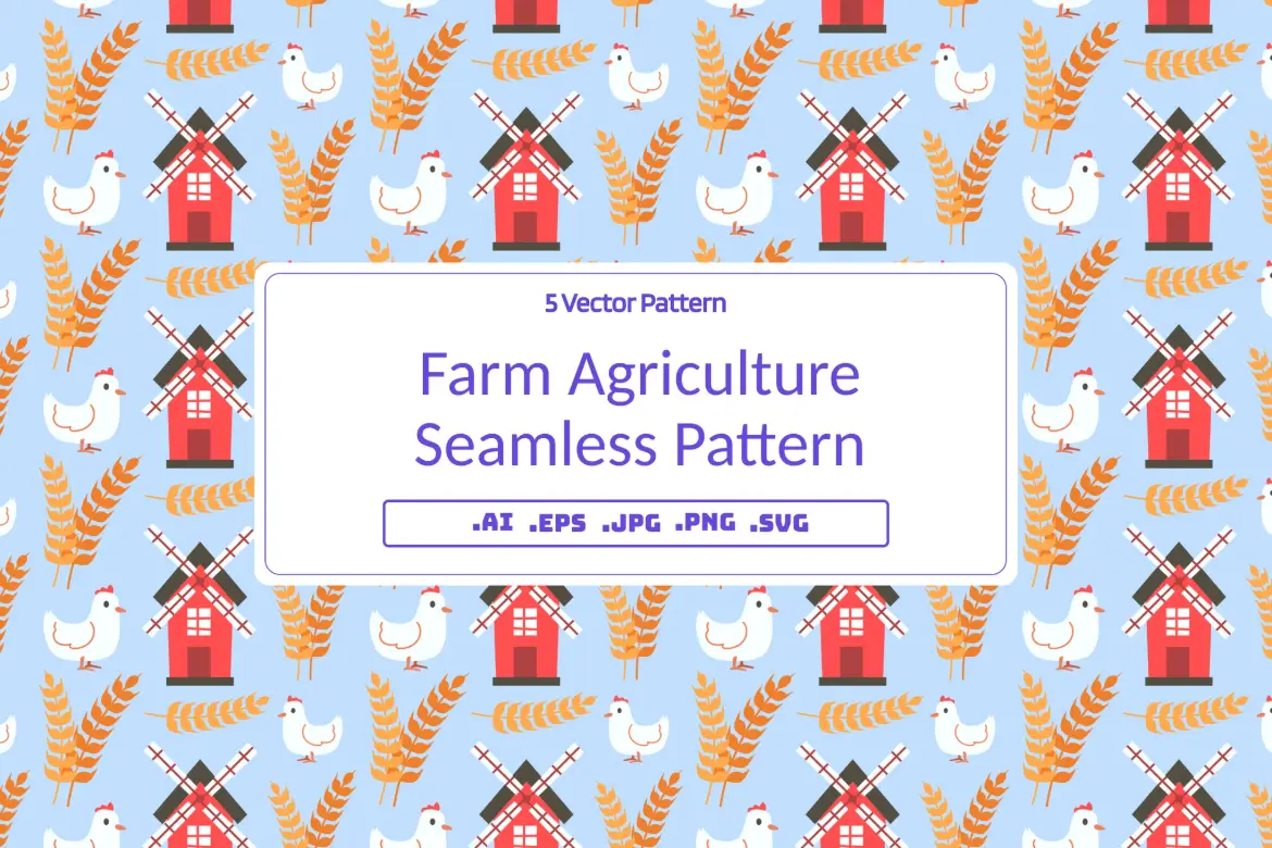 5款田园农场无缝矢量图案素材 Farm Seamless Pattern
