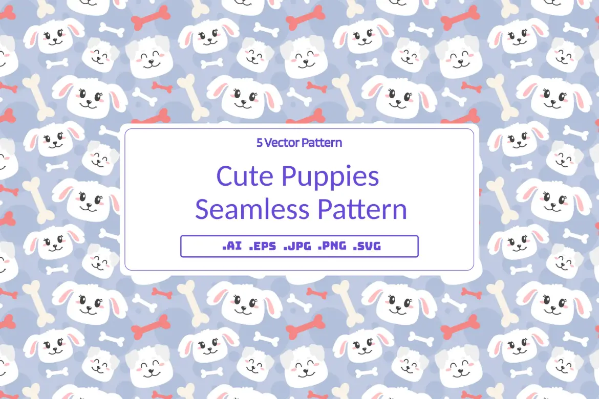 5款可爱小狗无缝矢量图案素材 Cute Puppies Seamless Pattern