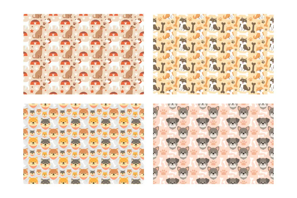 5款可爱小狗无缝矢量图案素材 Cute Puppies Seamless Pattern