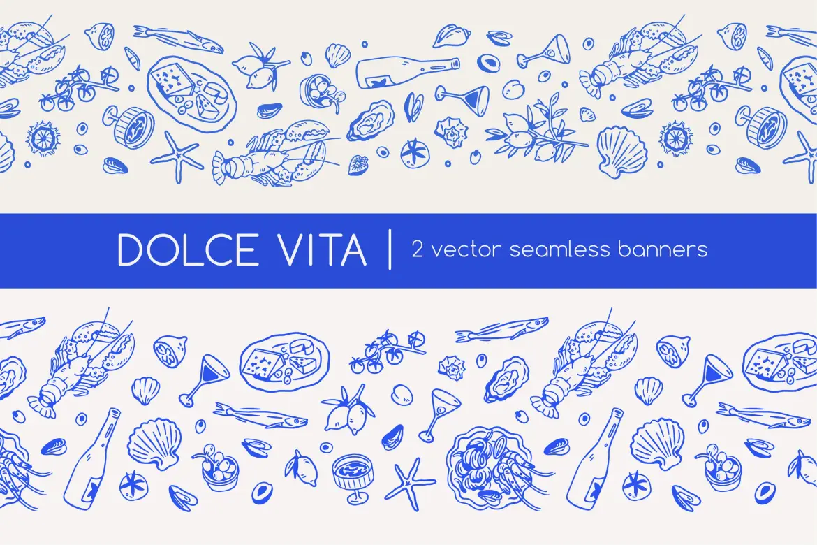 意大利美食线稿无缝矢量图案 Dolce Vita, Italian Food Patterns