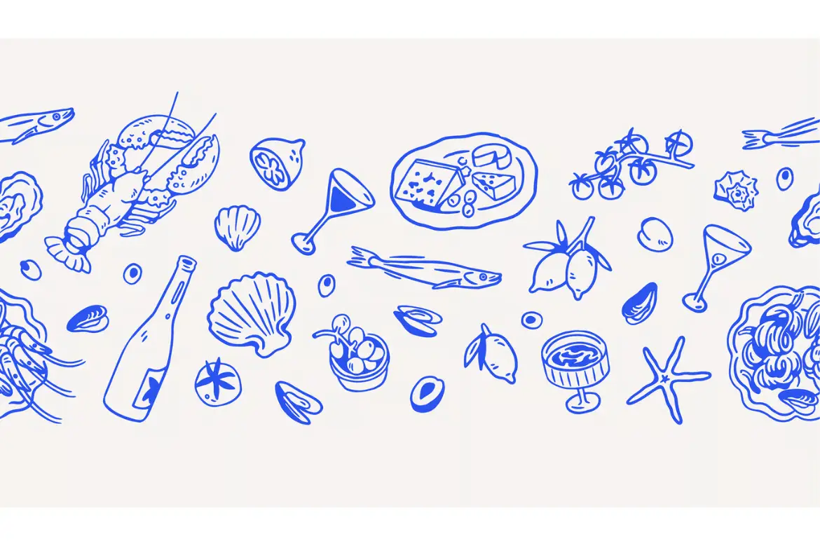 意大利美食线稿无缝矢量图案 Dolce Vita, Italian Food Patterns