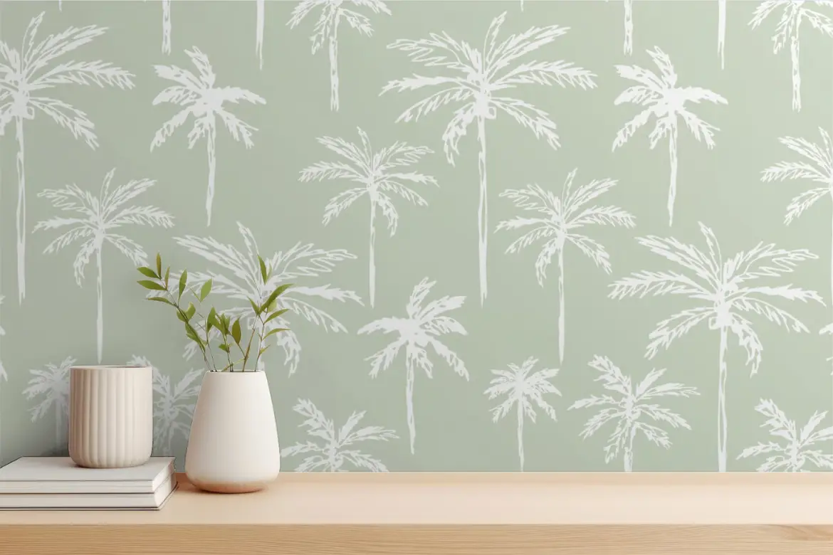 白色棕榈树无缝矢量图案 White Palm Trees