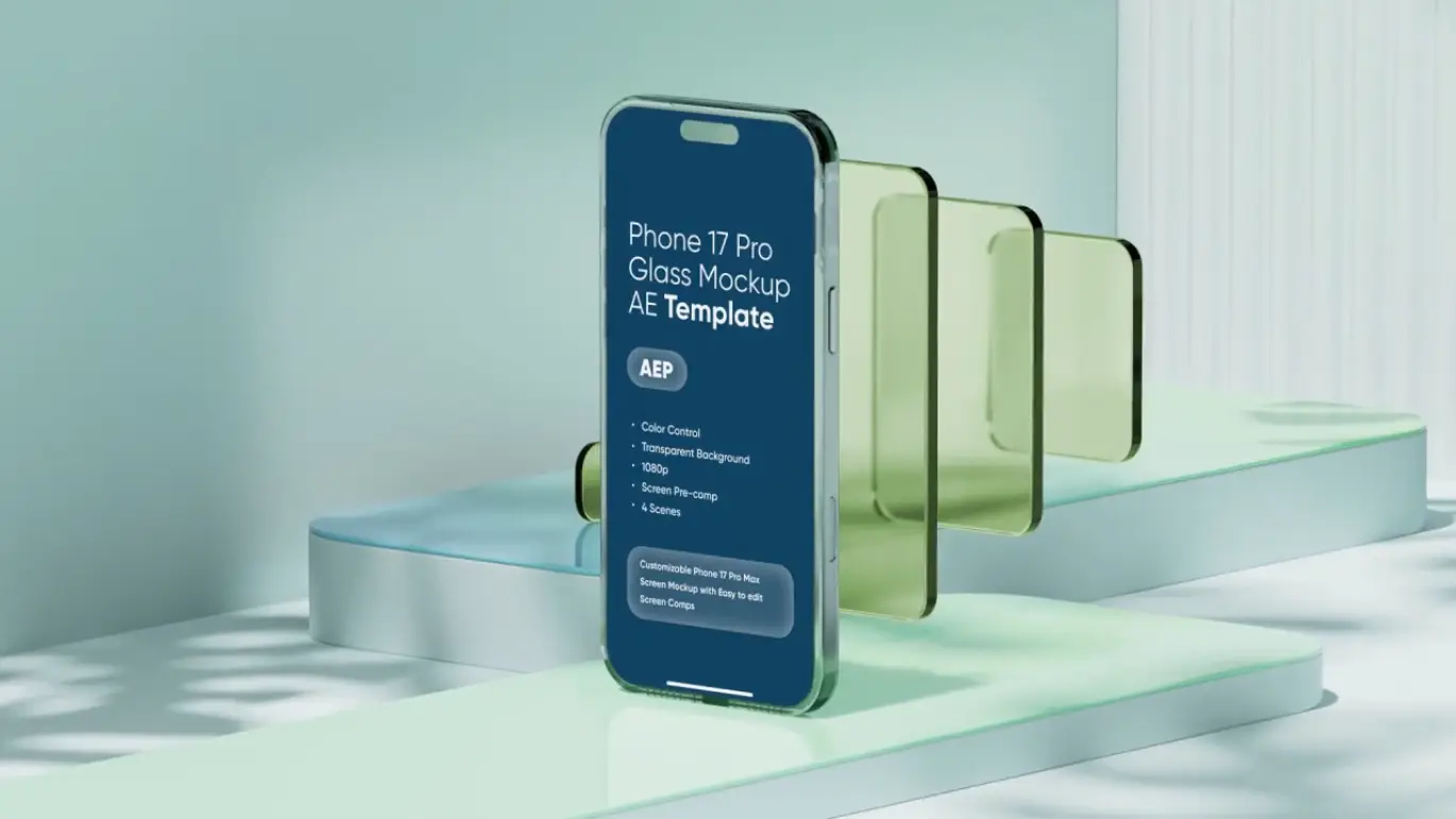 iPhone 17 Pro玻璃屏幕AE样机动画模板 Phone 17 Pro Glass Screen Mockup Template