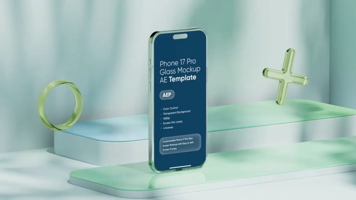 iPhone 17 Pro玻璃屏幕AE样机动画模板 Phone 17 Pro Glass Screen Mockup Template