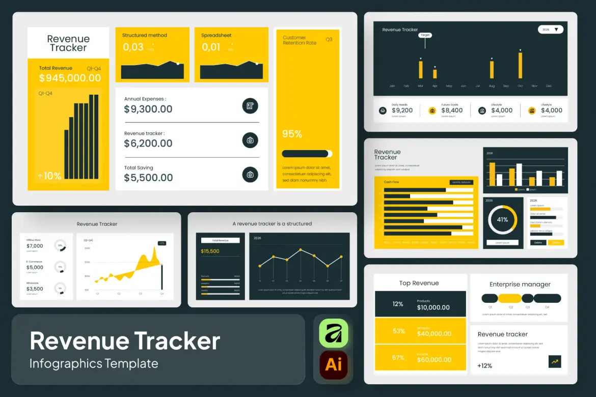 收入追踪器矢量信息图模板 Revenue Tracker Infographics