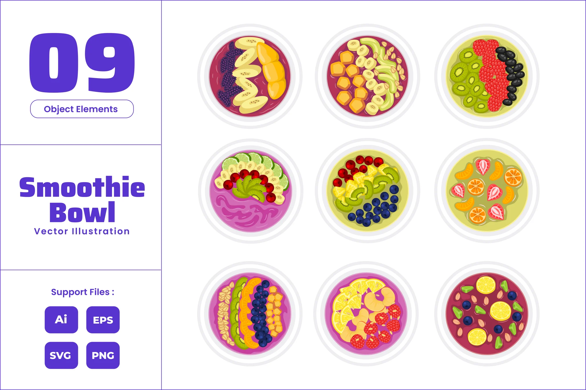 巴西莓思慕雪矢量插画素材 Fresh Smoothie Acai Bowl Healthy Breakfast