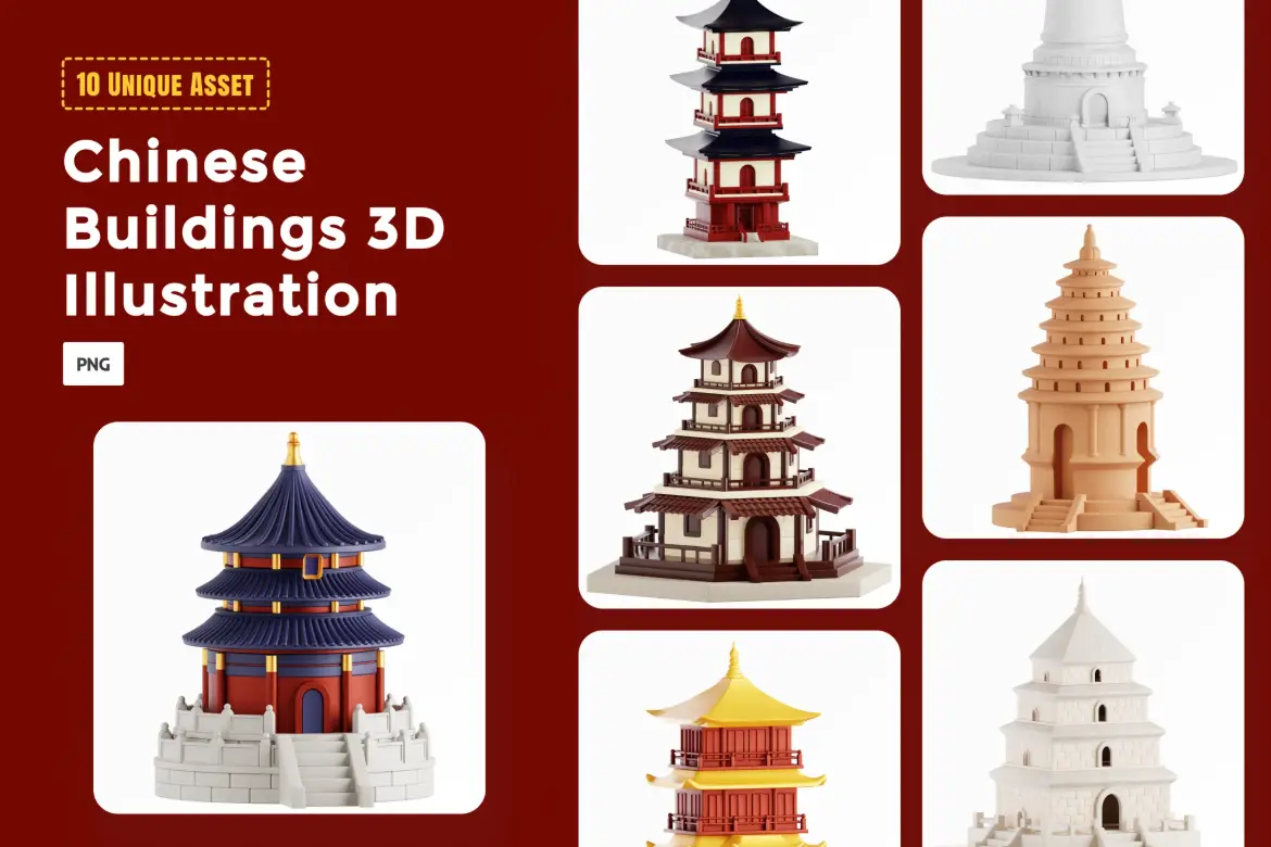 中式建筑3D插画PNG素材包 Chinese Buildings 3D Illustration Pack