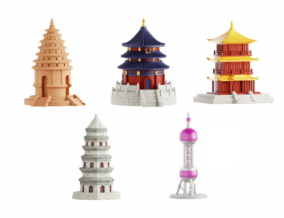 中式建筑3D插画PNG素材包 Chinese Buildings 3D Illustration Pack