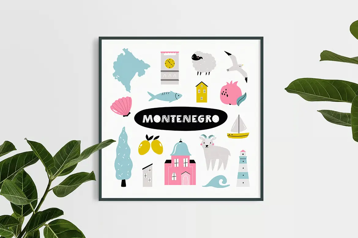 黑山旅游插画地图矢量素材 Illustrated Map of Montenegro with Famous Symbols