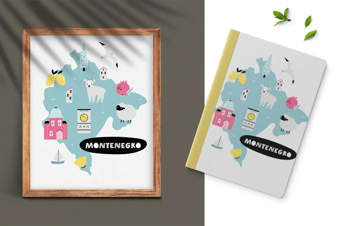 黑山旅游插画地图矢量素材 Illustrated Map of Montenegro with Famous Symbols