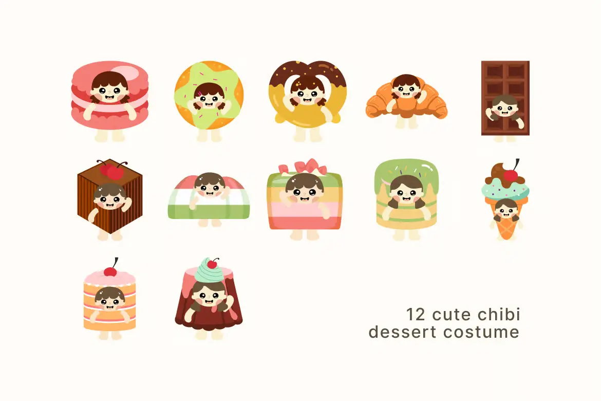 可爱甜点Q版角色矢量素材包 Cute Chibi Dessert Character