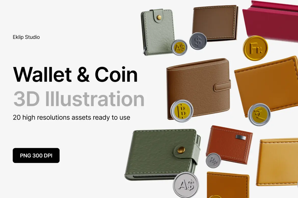 20款钱包与硬币3D图标素材包 Wallet & Coin 3D Icon Set