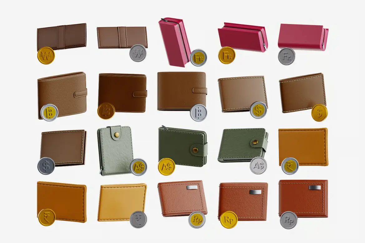 20款钱包与硬币3D图标素材包 Wallet & Coin 3D Icon Set