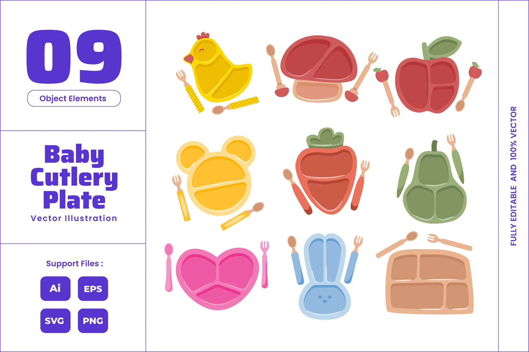 9款婴儿硅胶餐具矢量插画素材包 Baby Silicone Cutlery Plate Set for Toddlers