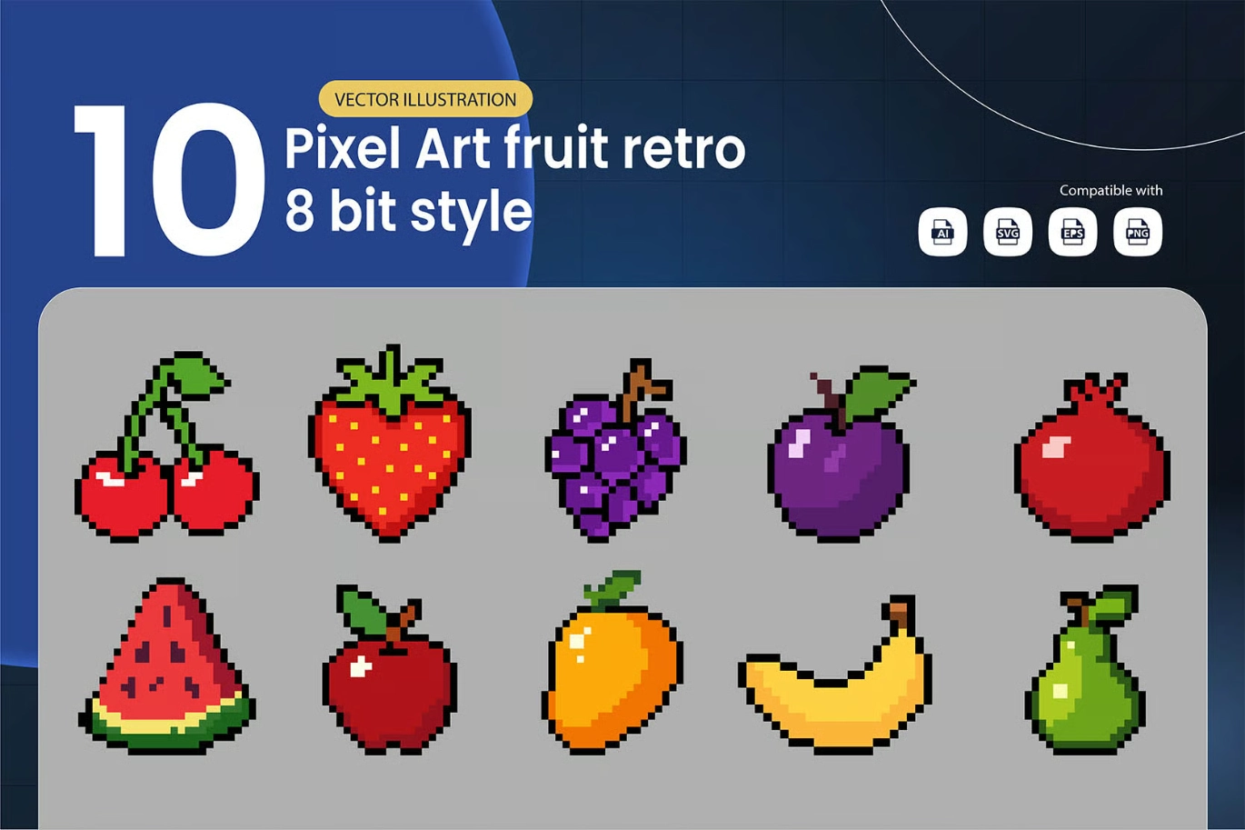 10款像素风水果矢量插画素材包 Pixel Art Fruit Retro 8 Bit