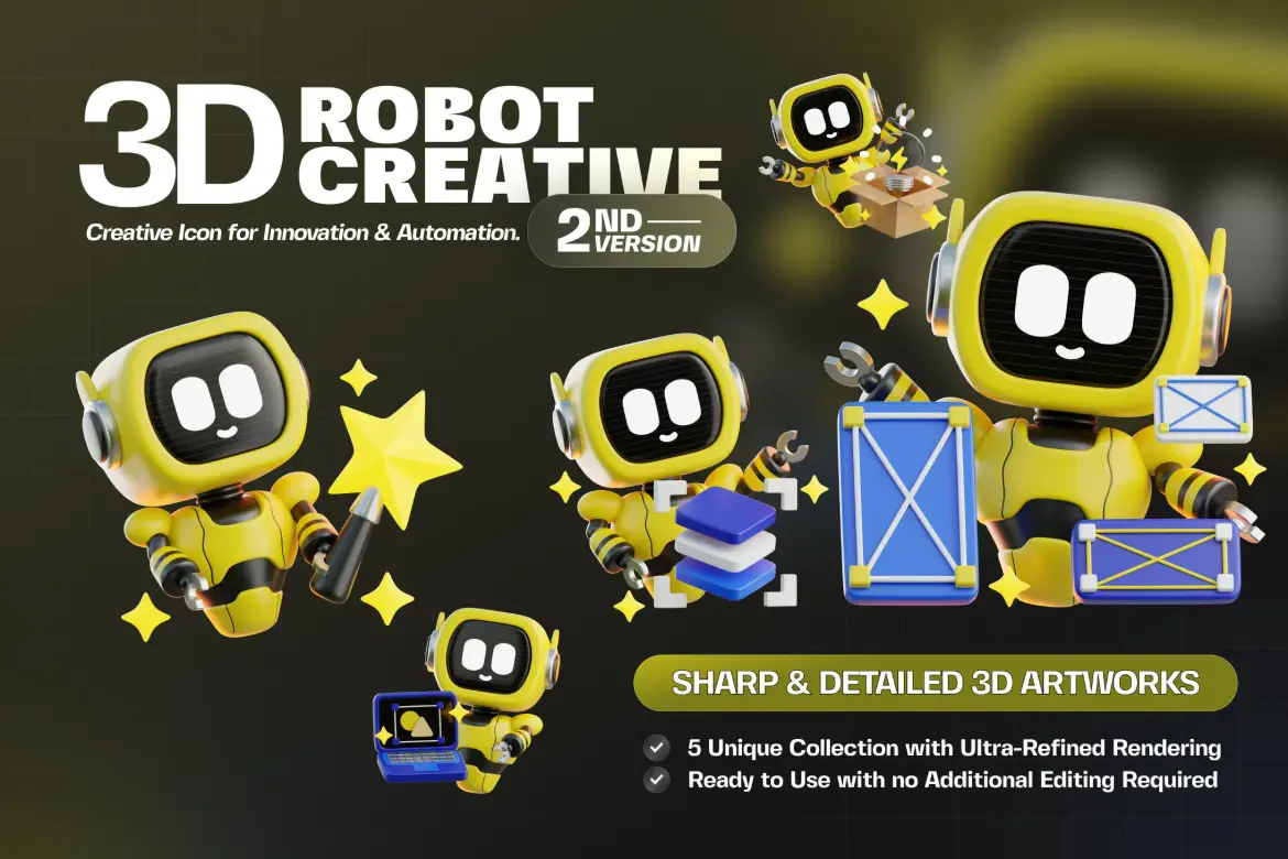 5款创意机器人3D插画PNG素材包 Robot Creative 3D Pack V.2