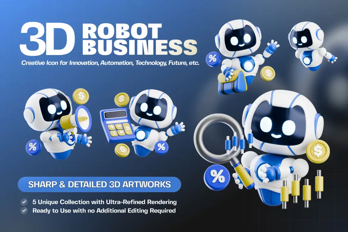 5款商务机器人3D插画PNG素材包 3D Robot Business V.1