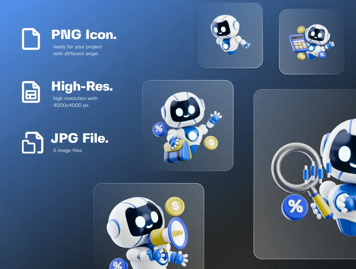 5款商务机器人3D插画PNG素材包 3D Robot Business V.1