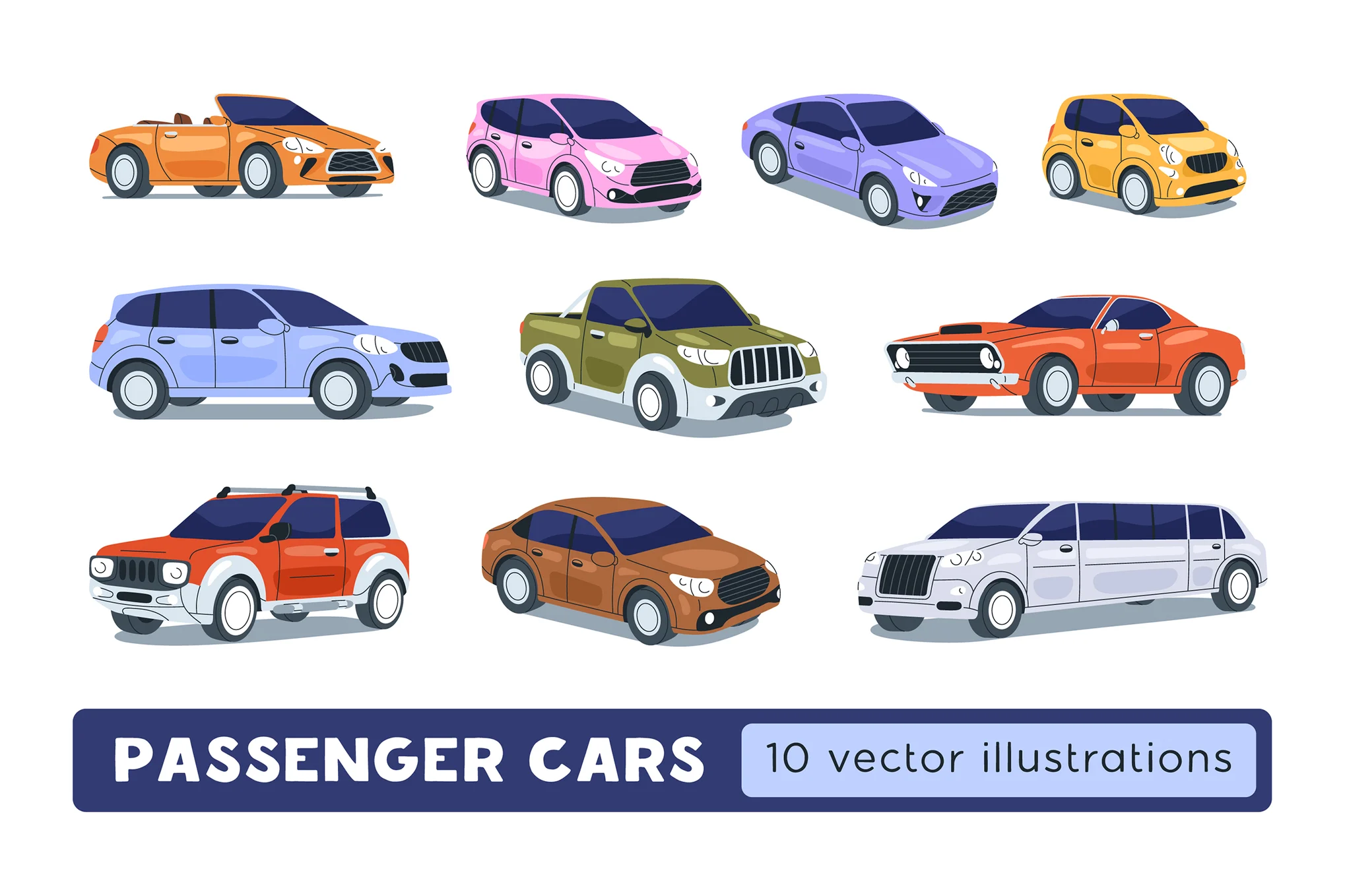10款现代汽车矢量插画素材包 Modern Auto Vehicles, Passenger Cars Set
