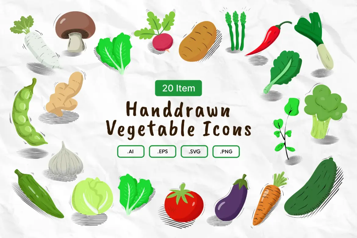 手绘蔬菜图标矢量素材包 Handdrawn Vegetable Icons