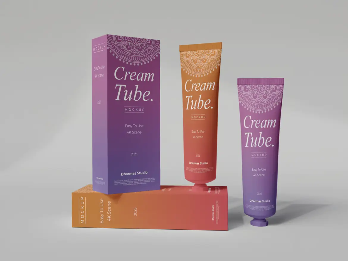面霜软管与纸盒PSD样机模板 Cream Tube and Box Mockup