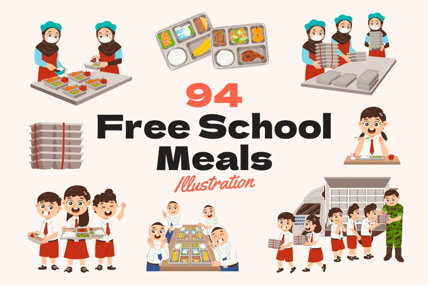 校餐计划卡通插图素材包 Clipart Free School Meal Program Illustration Pack