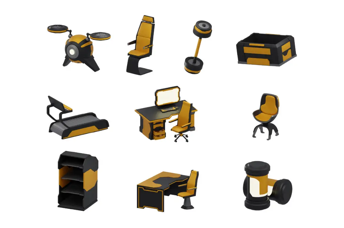 未来主义家具3D模型素材包科幻感室内设计场景PNG素材