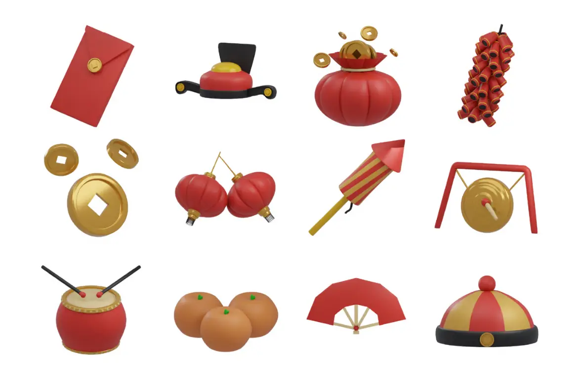 农历新年3D插图素材包春节年俗主题PNG设计元素节日场景