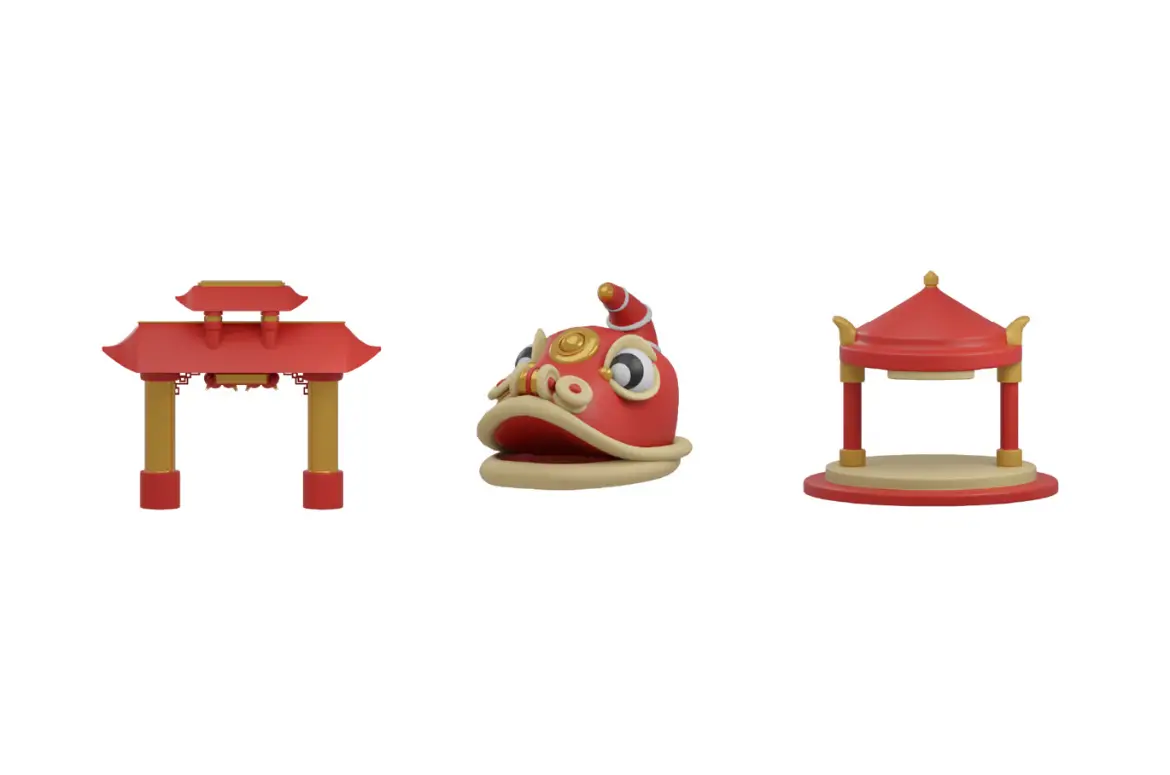 农历新年3D插图素材包春节年俗主题PNG设计元素节日场景