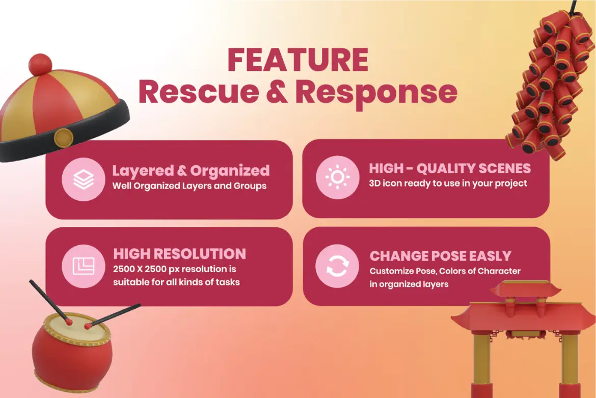 农历新年3D插图素材包春节年俗主题PNG设计元素节日场景