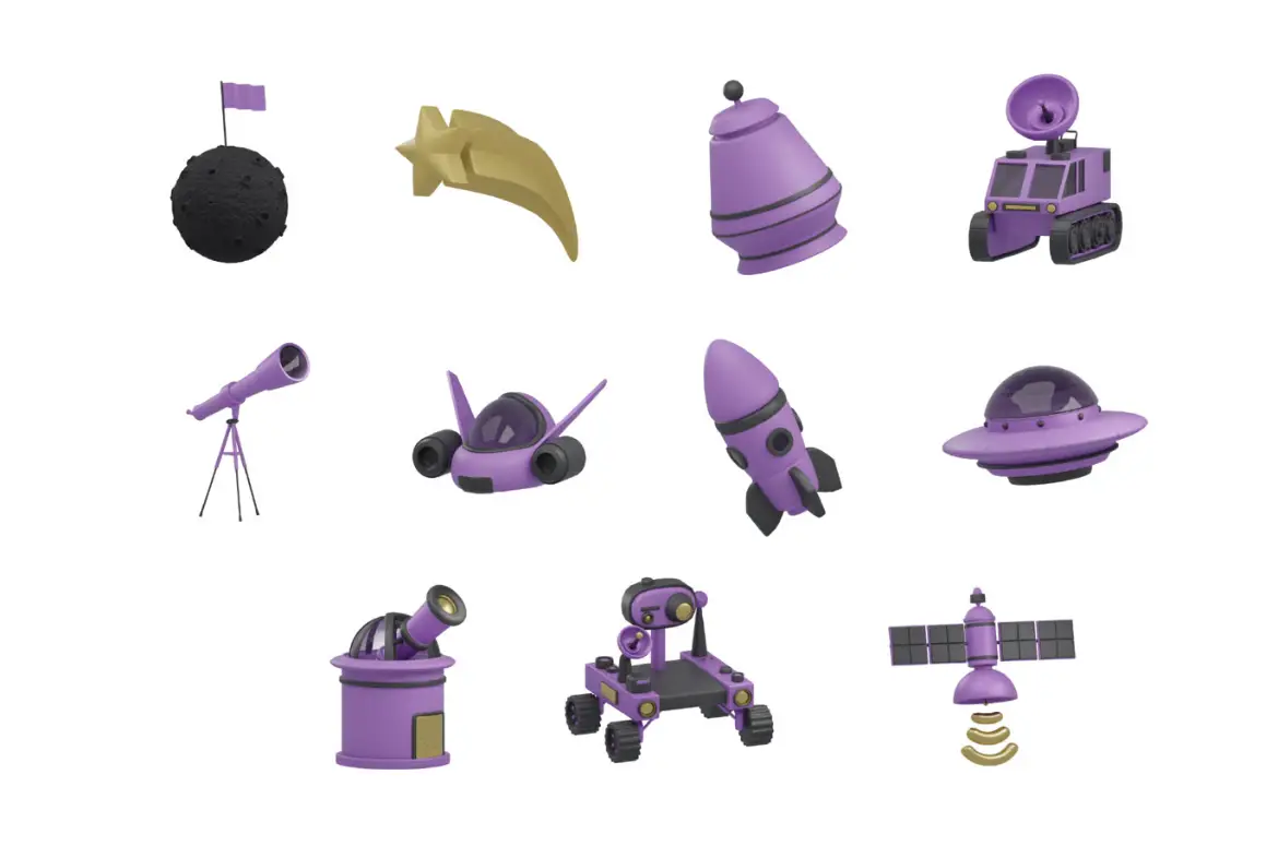 天文太空探索3D插图素材包火箭UFO卫星PNG设计元素科幻主题