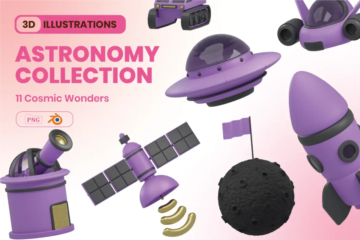天文太空探索3D插图素材包火箭UFO卫星PNG设计元素科幻主题